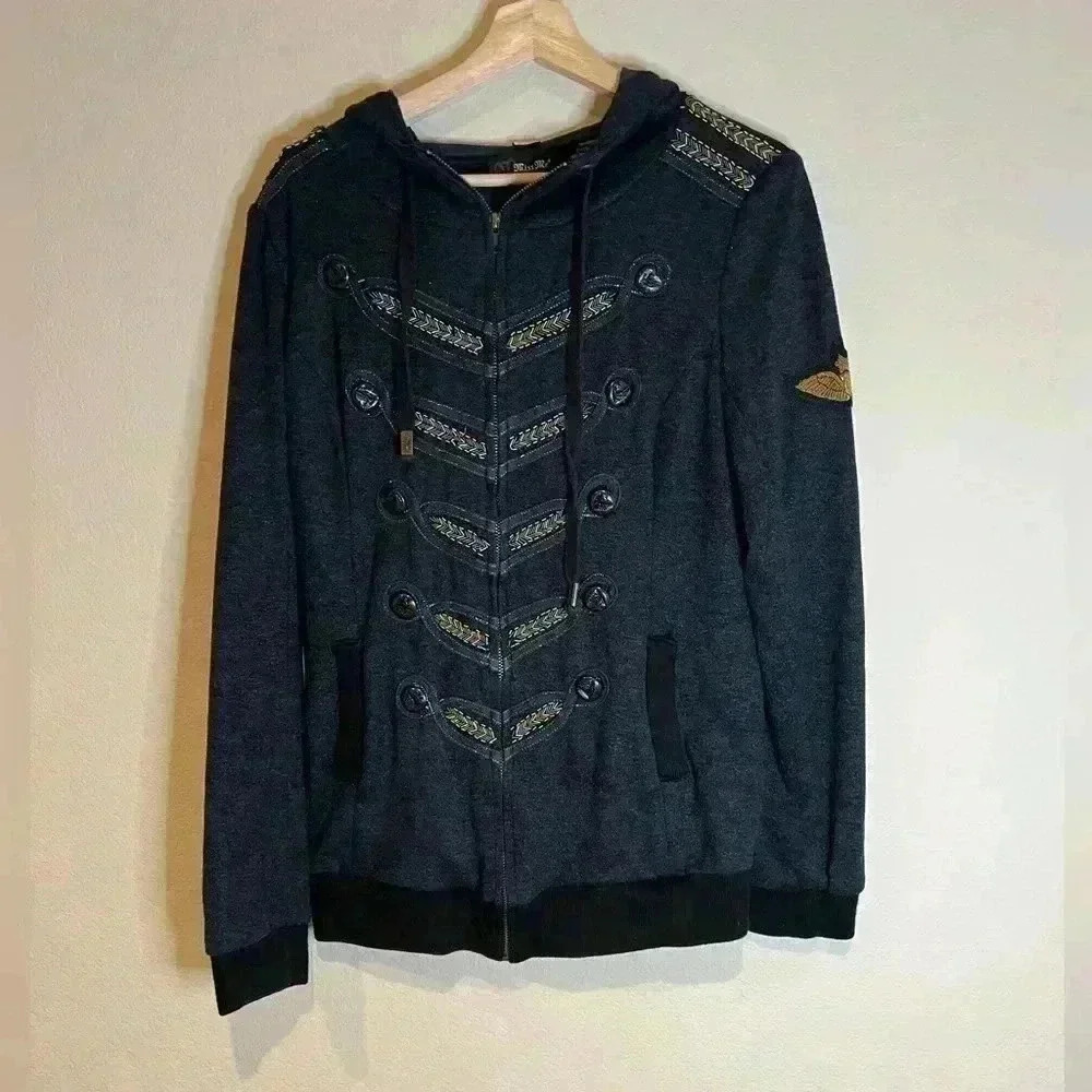 Miss Me Military Style Zip Embellished Stretch Hoodie Jacket Womens‎ L